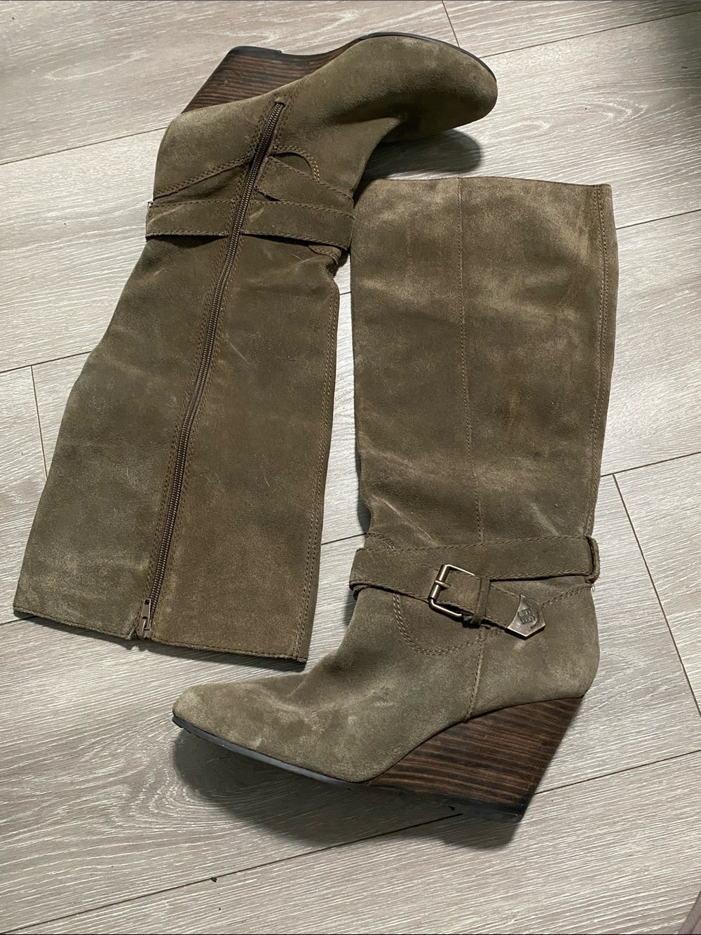 BCBG Wedge Knee-High Suede Boots in Olive Size 10